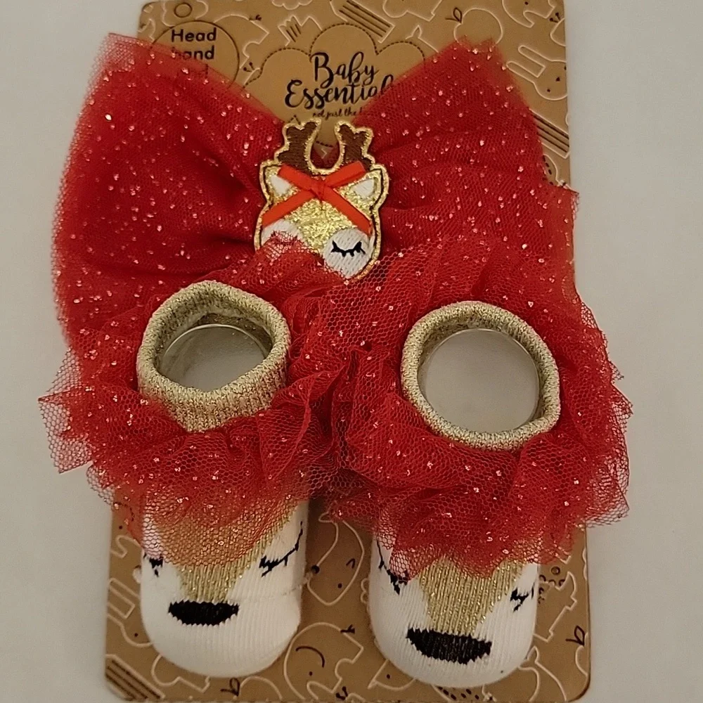 Baby essentials holiday Christmas reindeer  headband and socks